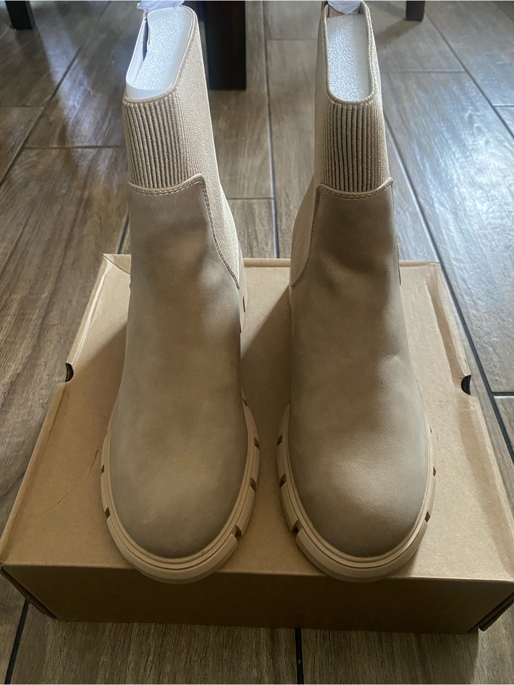 Neutral Beige Knit-Collar Chelsea Booties